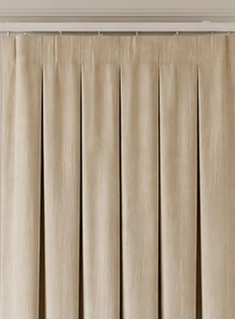 Inverted box pleat drapery heading — flat tailored face