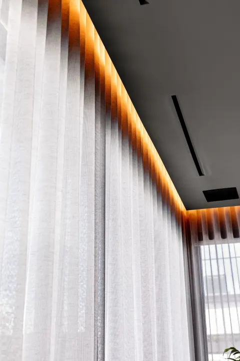 sheer drapery under cove lighting in media room, Bal Harbour