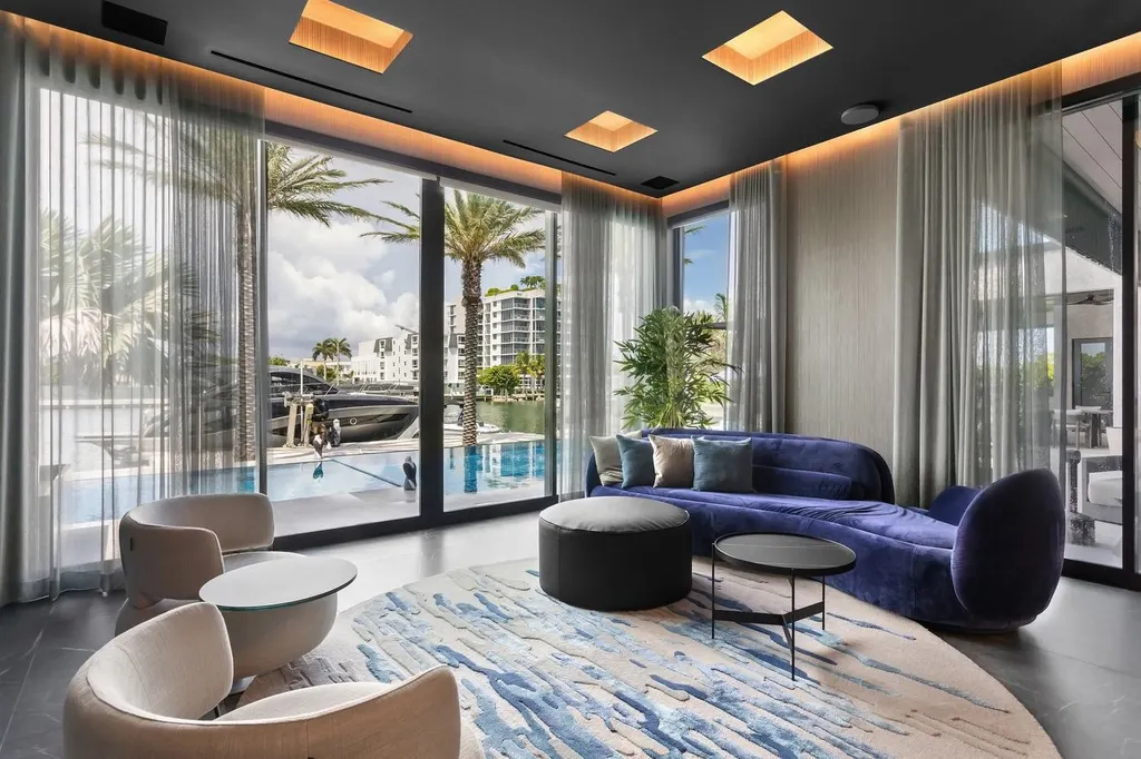 floor-to-ceiling sheer curtains in waterfront living room, Bal Harbour